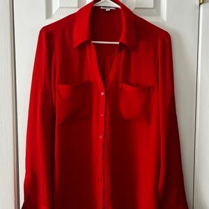 Woman Vibrant Red Button-Up Blouse. Elegant and casual. Size l